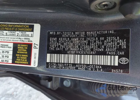 2014 Toyota Camry Se из США, поврежденный, VIN 4T1BF1FK3EU765897